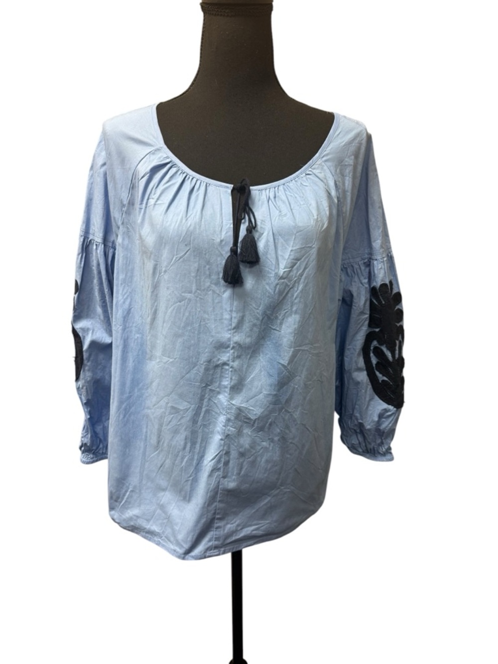 J Crew Light Blue Tassel Tie Blouse Boho Embroidered Sleeve Top L Cute